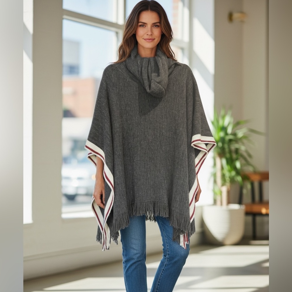 DKR Cottage Collection Hooded Knit Poncho Red White Striped Fringe One Size - Picture 1 of 4